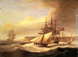 Naval ships setting sail with a revenue cutter off Berry Head, Torbay by Thomas Luny